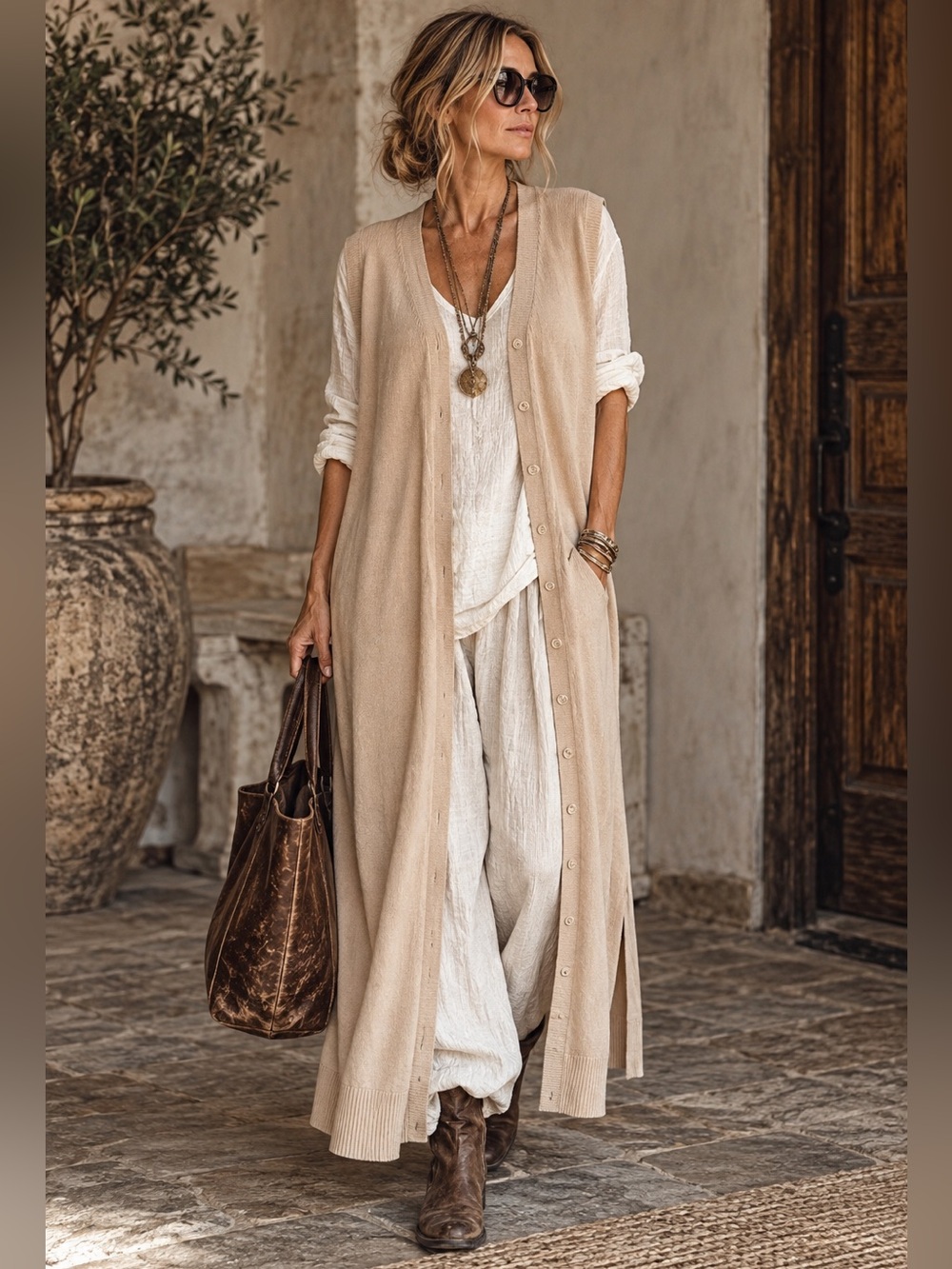 Böhme Beige XL Maxi Sweater Dress Button Front Long Vest Duster Lagenlook